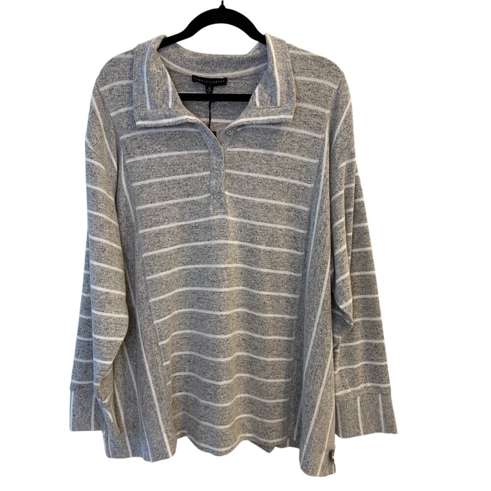 Jane & Delancey Striped Henley Sweater Top Grey Cozy Neutral Plus Size 1X NEW